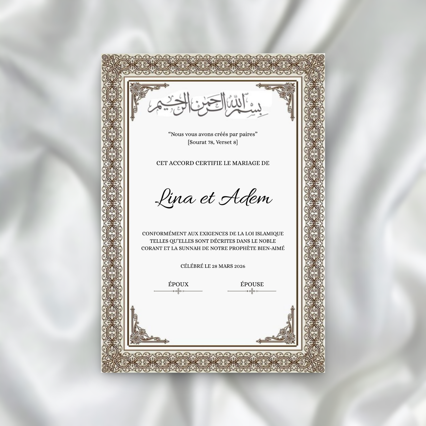 Certificat de Mariage Religieux - Taupe SEDesigns