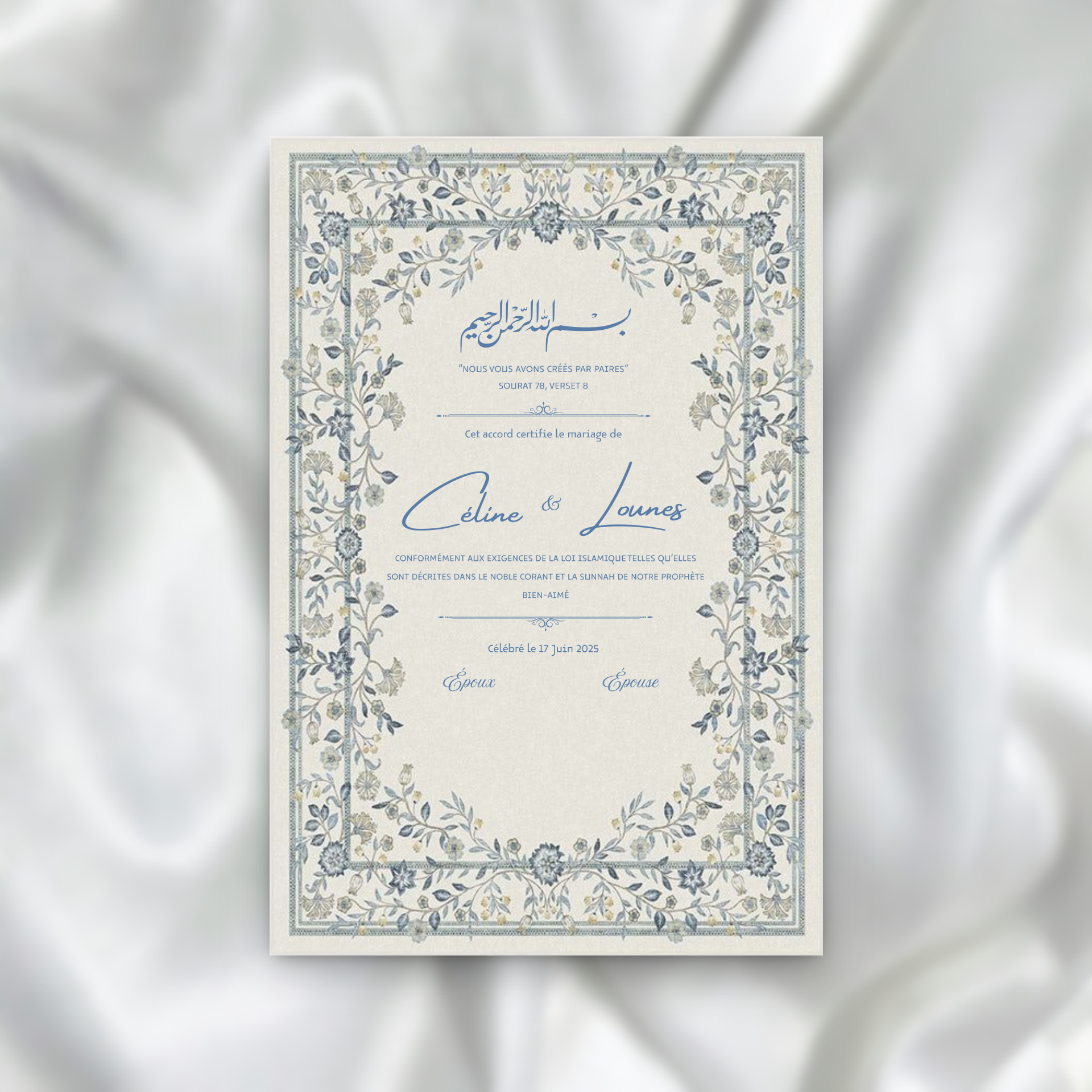 Certificat de Mariage Religieux - Floral Bleu SEDesigns