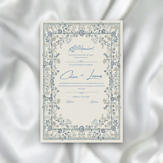 Certificat de Mariage Religieux - Floral Bleu SEDesigns