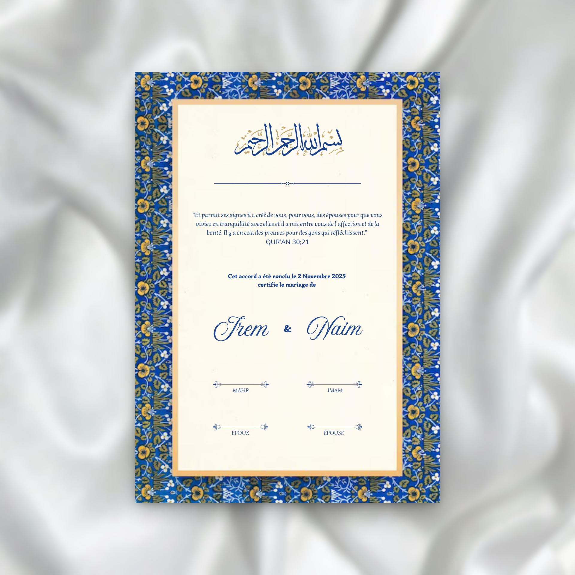 Certificat de Mariage Religieux - Mosaïque Bleu SEDesigns